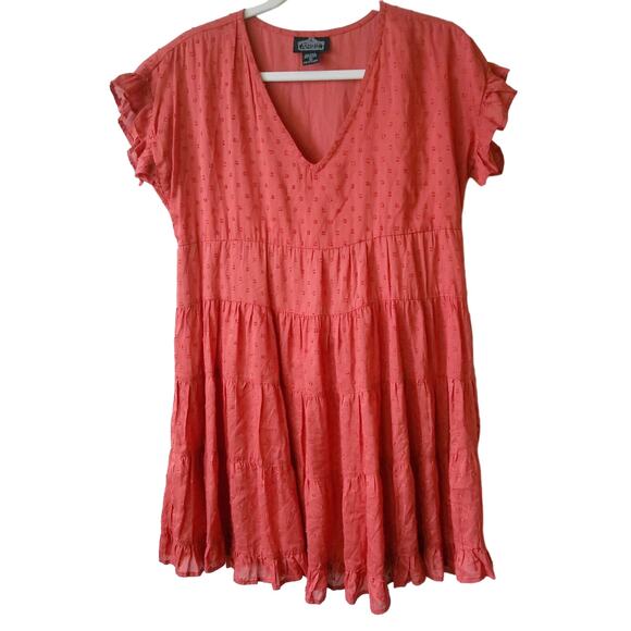 Angie Womens S Tiered Summer Sun Dress Beach Cover-up Swiss Dot Terracotta Boho - Picture 1 of 11